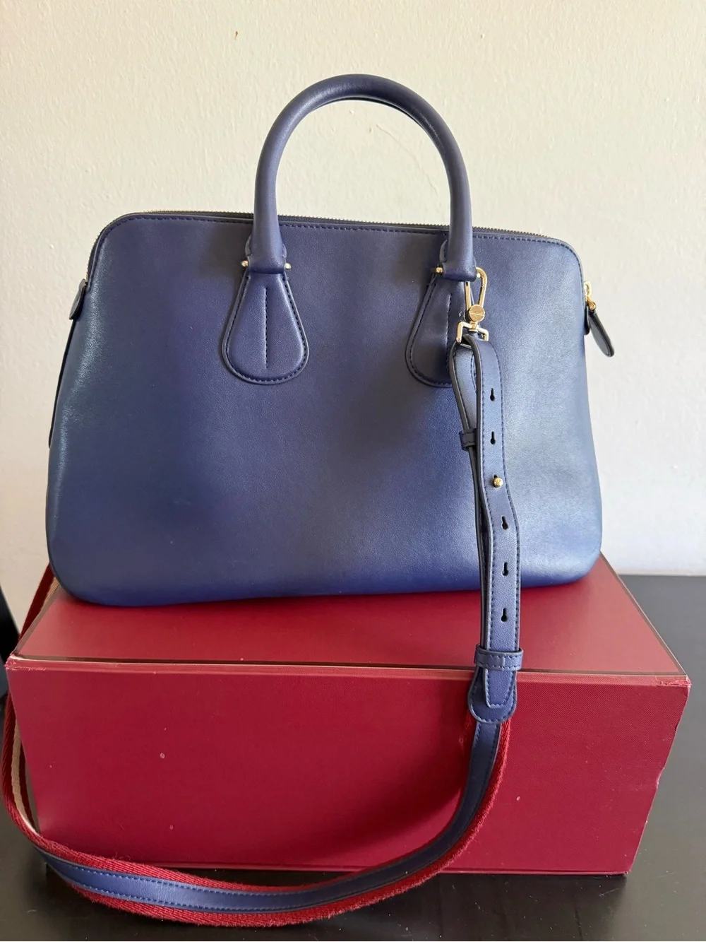 Bally Blue Leather Satchel with Red & Beige Center Stripe